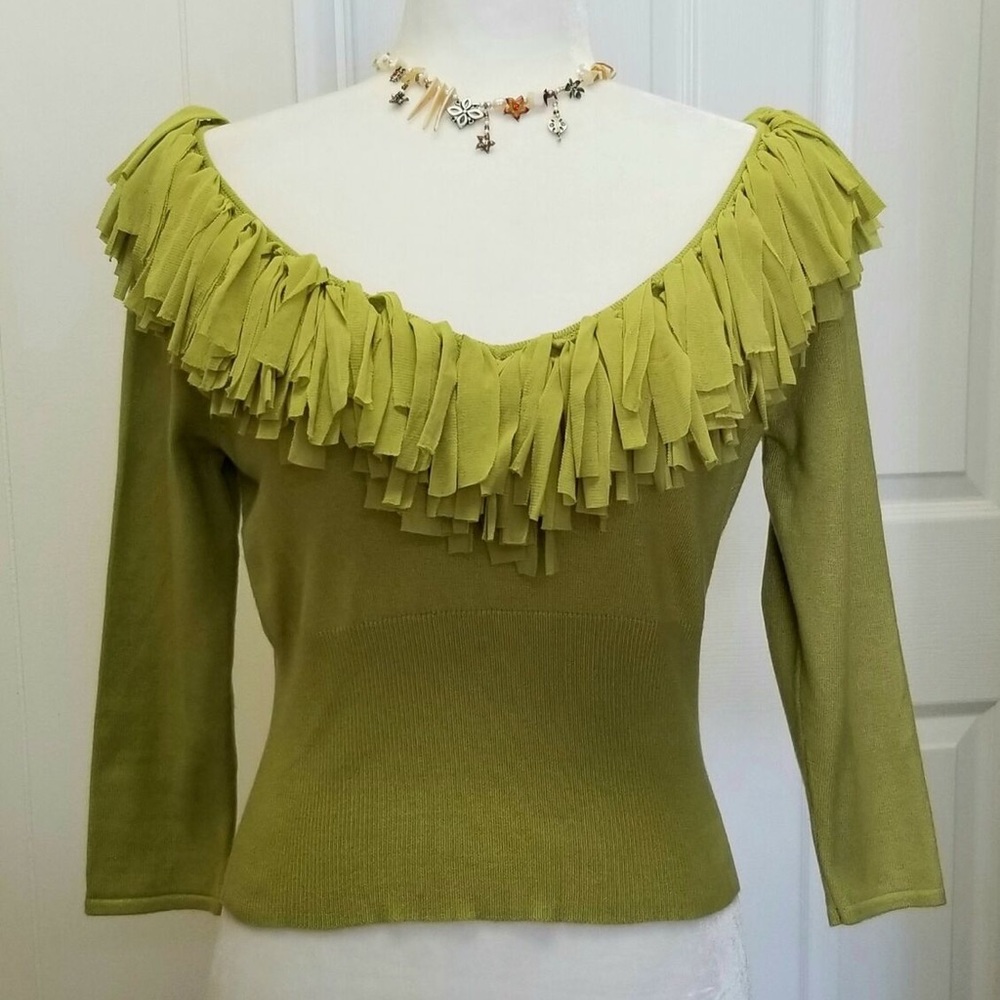 Whimsy Green Knit Fringed Sweater Ruffled Women's Top size 2X